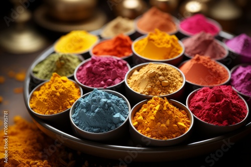indian spices in a bowl. Overhead view bowls color holi powder black backdrop. holi color powder bowl painted blue backdrop. Colours of Holi/festival of colours. Colorful Indian powder paints,High 
