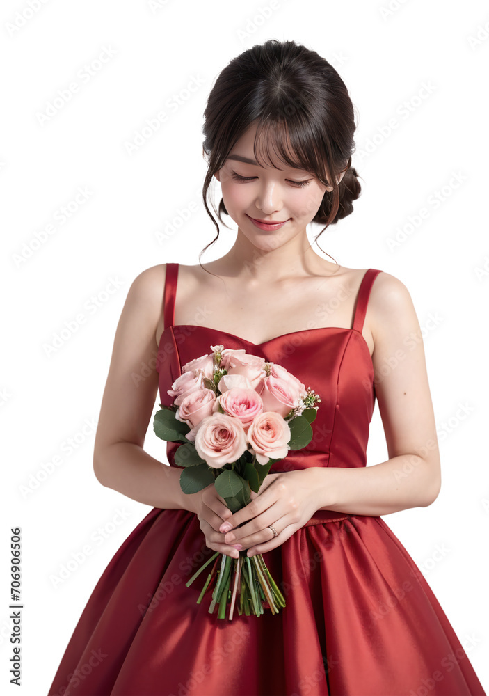 Beautiful young woman wearing a dress holding a bouquet on Valentine's Day Beautiful young woman wearing a dress holding a bouquet on Valentine's Day