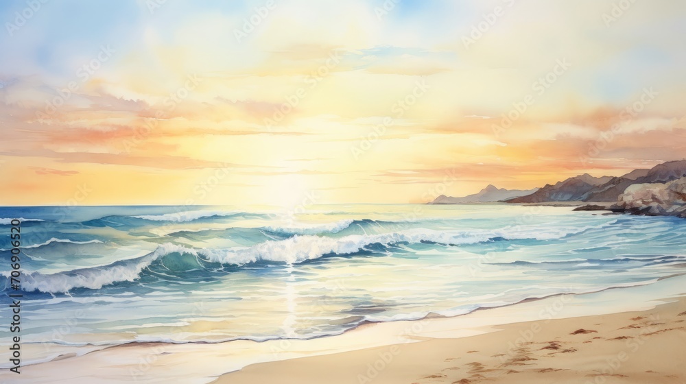 Beautiful seascape at sunset. Landscape with sea waves. Generative AI