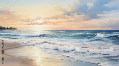 Beautiful seascape. Sunset over the sea. Illustration Generative AI © Alex