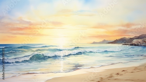 Beautiful seascape at sunset. Landscape with sea waves. Generative AI