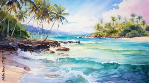 Tropical beach with palm trees. Seascape. illustration Generative AI