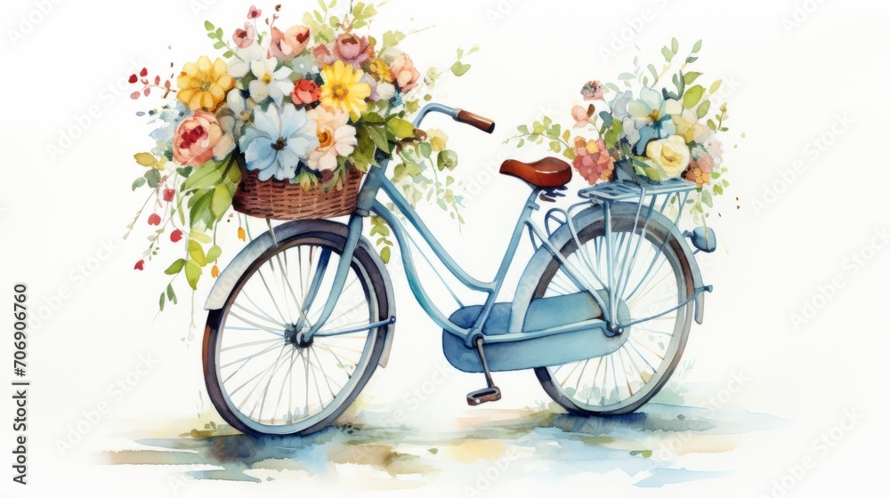 Bicycle with basket of flowers, watercolor painting. illustration. Generative AI