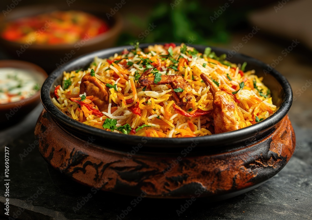 Deliciously Flavorful Indian Biryani: A Traditional Hyderabad Dish with Basmati Rice, Chicken, and Aromatic Spices in a Modern Mediterranean Kitchen Deliciously Flavorful Indian Biryani: A Traditional Hyderabad Dish with Basmati Rice, Chicken, and Aromatic Spices in a Modern Mediterranean Kitchen