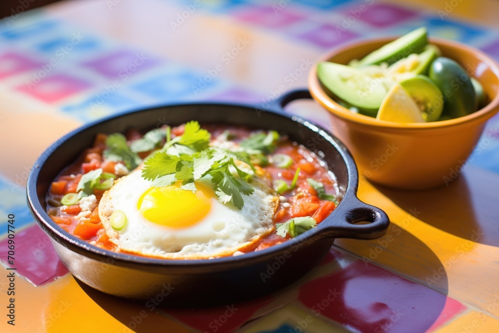 huevos rancheros with sizzling hot beans in a small pot