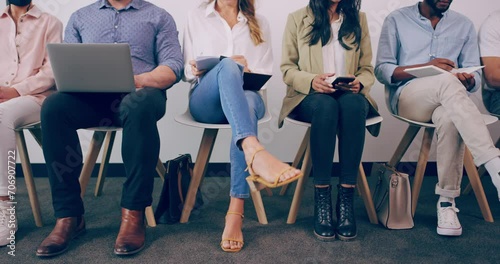 Legs, business people and waiting room for hiring, recruitment and career opportunity. Group, professional and hr line for job search in human resources, interview or meeting for employment in office photo
