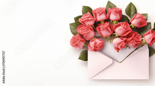 Bunch of roses with an envelope on isolated white background