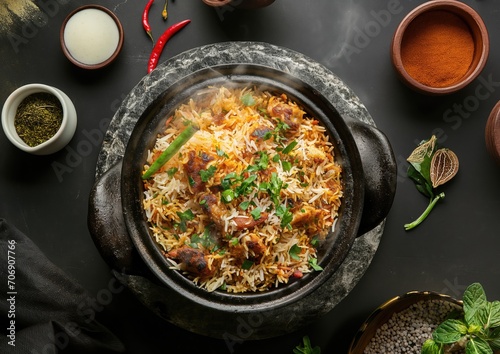 Delicious Indian Biryani: A Flavorful Traditional Dish with Basmati Rice, Chicken, and Aromatic Spices - Top-Down Food Photography on Granite Table in Modern Outdoor Kitchen