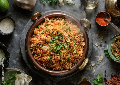 Delicious Indian Biryani: Flavorful Traditional Dish with Basmati Rice and Aromatic Spices, Perfect for Lunch or Dinner in a Modern Mediterranean Outdoor Kitchen - Stock Photo