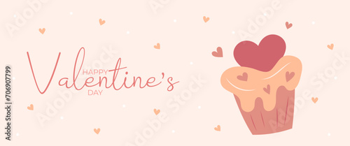 Single Hand draw banner with cupcake and hearts for Valentine's day. Happy Valentine's day. Peach fuzz, red, brow and pink colors.Cartoon style. Web vector illustration