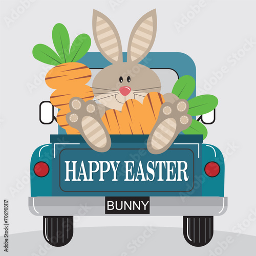 happy easter card with bunny and carrots on the car