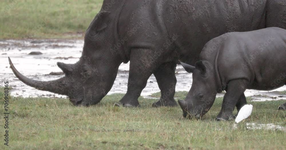 Young Rhino With Mother Grazing In The Field With White Egret On A Rainy Day In Kenya, Africa. - close up shot Young Rhino With Mother Grazing In The Field With White Egret On A Rainy Day In Kenya, Africa. - close up shot