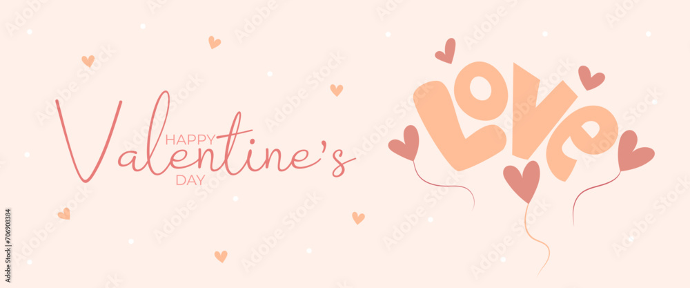 Single hand draw banner with balloon hearts and word love for Valentine's day. Happy Valentine's day and button read more. Peach fuzz, red, brow and pink colors.Cartoon style. Vector illustration