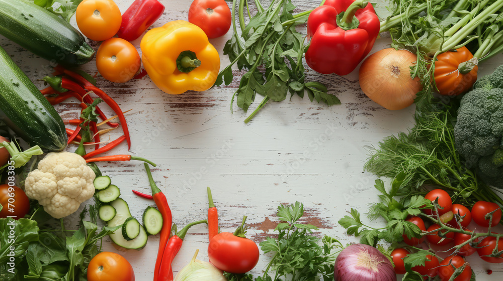 An array of vegetables creates a frame for text. An array of vegetables creates a frame for text.