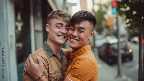 Gay couple have fun at street in city in summer, gay couple hugging and bonding at the street. © Julija