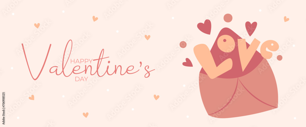 Hand draw banner with envelope hearts and word love for Valentine's day. Happy Valentine's day and button read more. Peach fuzz, red, brow and pink colors.Cartoon style. Vector illustration