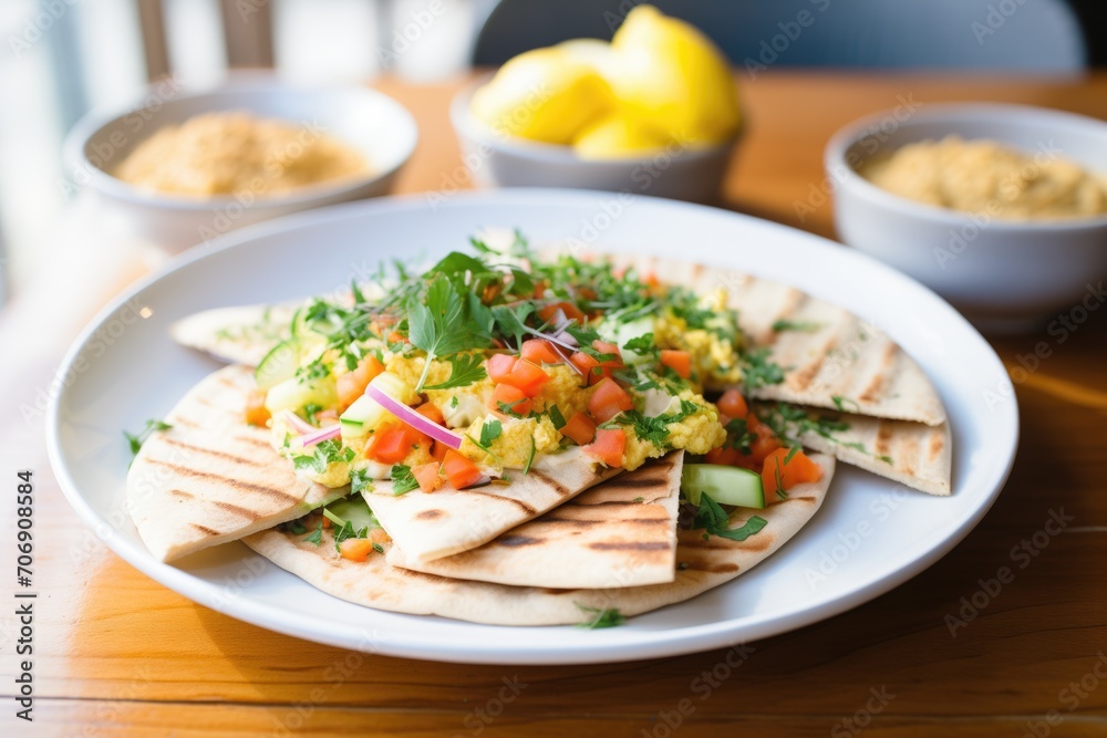 pita bread surrounding a mound of classic chickpea hummus