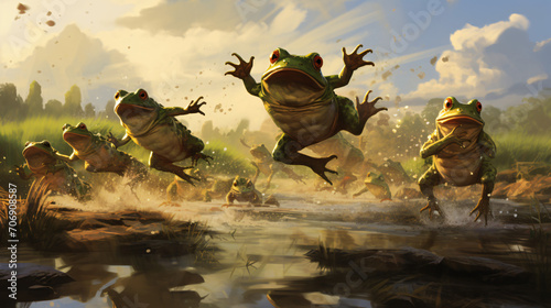 a group of frogs jumping and playing in a muddy