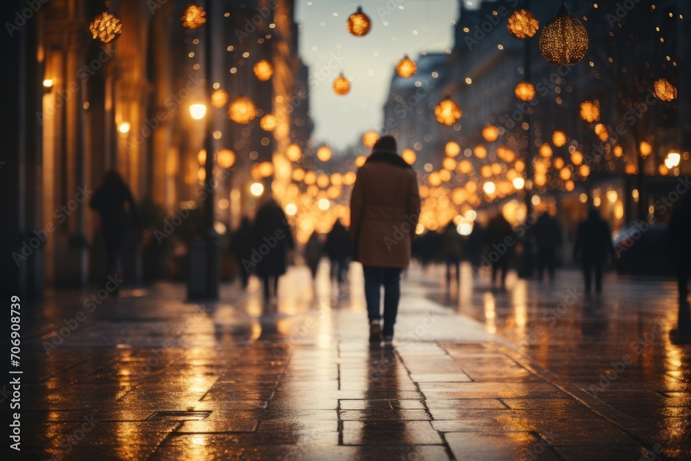 blurred background of a winter evening street lit by the light of street lamps