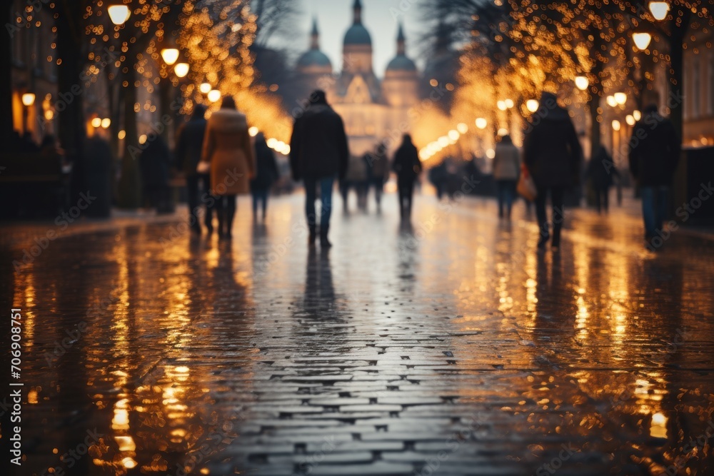 blurred background of a winter evening street lit by the warm light of street lamps