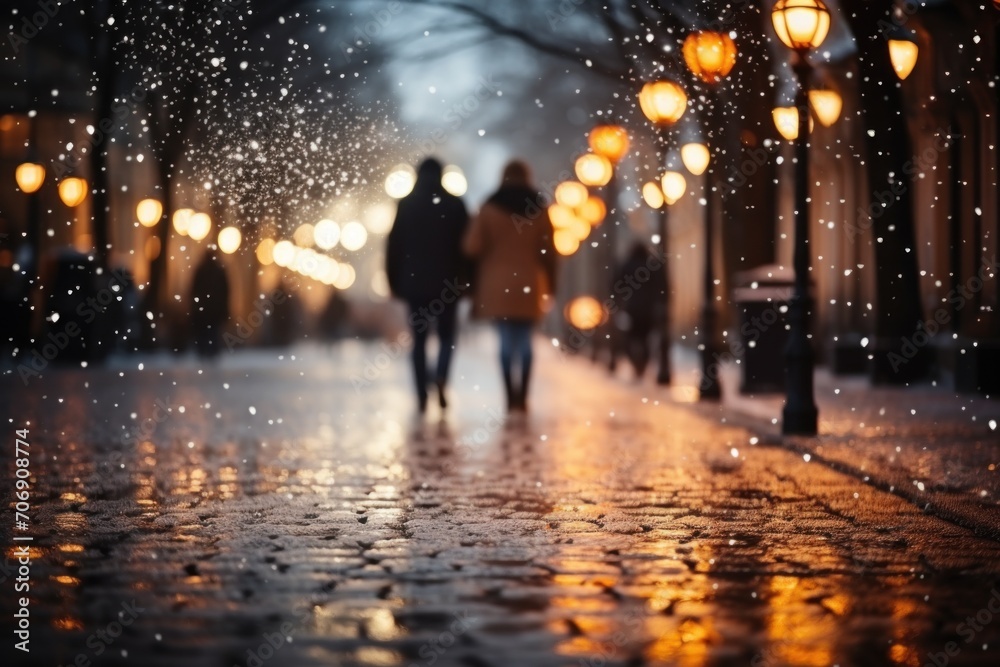 blurred background of falling snowflakes on a winter evening street, illuminated by the light of lanterns