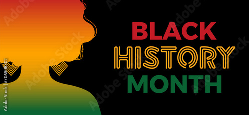 Black History Month. Horizontal bright banner. African American. February. Silhouette of a black woman wearing ethnic earrings with an Afro hairstyle. The concept of the struggle for equality.