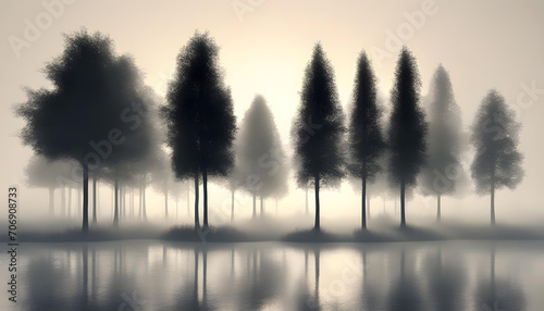 Silhouettes of trees on a light background  fog in the forest.