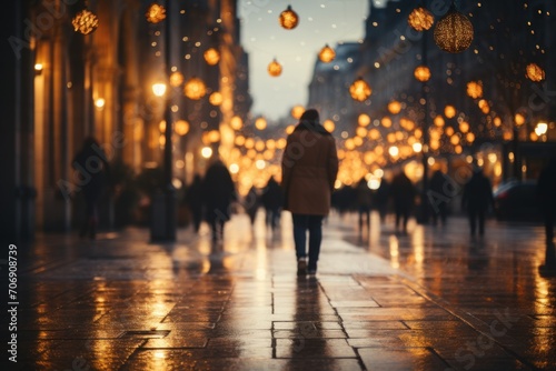 blurred background of a winter evening street lit by the light of street lamps © Jam