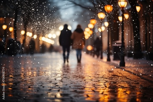 blurred background of falling snowflakes on a winter evening street, illuminated by the light of lanterns