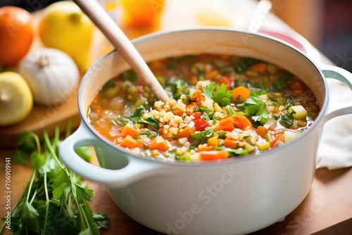 minestrone soup in a pot with ladle, vegetables visible