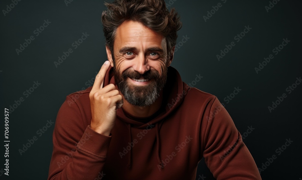 The bearded man, smiling beautifully, directs attention by pointing his finger upwards as if drawing a conclusion, summarizing