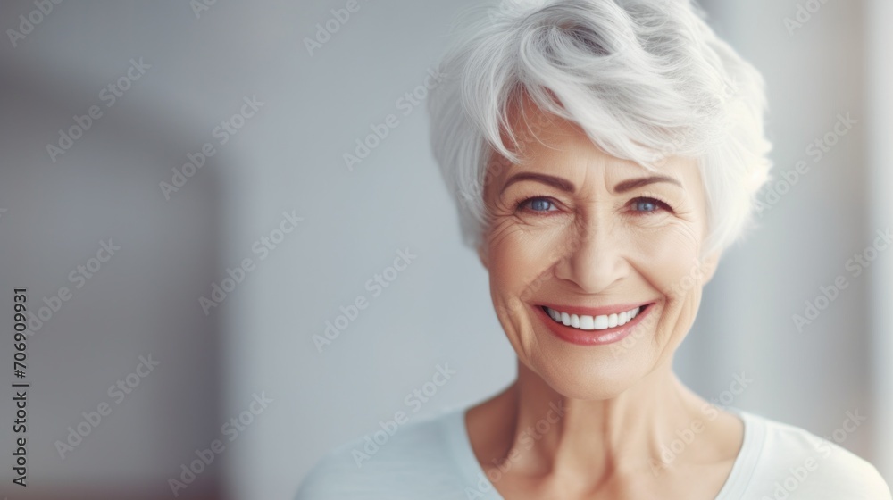 A close-up portrait of a beautiful gray-haired elderly woman with well-groomed facial skin and a snow-white smile in a dental clinic. Teeth whitening, dental care, happy old age and health concepts.