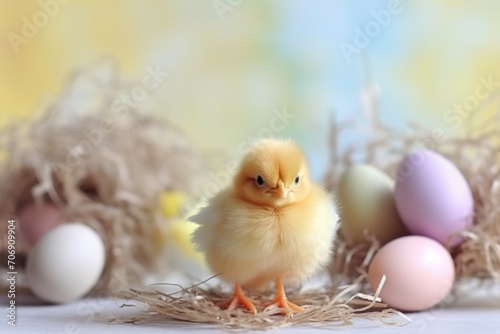 Adorable Fluffy Chick Amongst Pastel Easter Eggs and Spring Flowers.