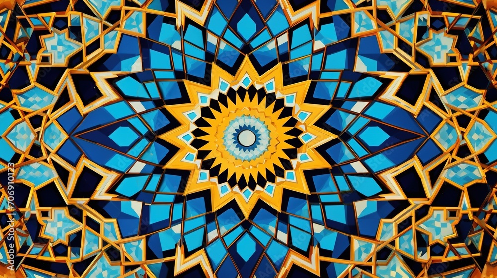 Oriental pattern with geometric ornaments. Blue and yellow colors.