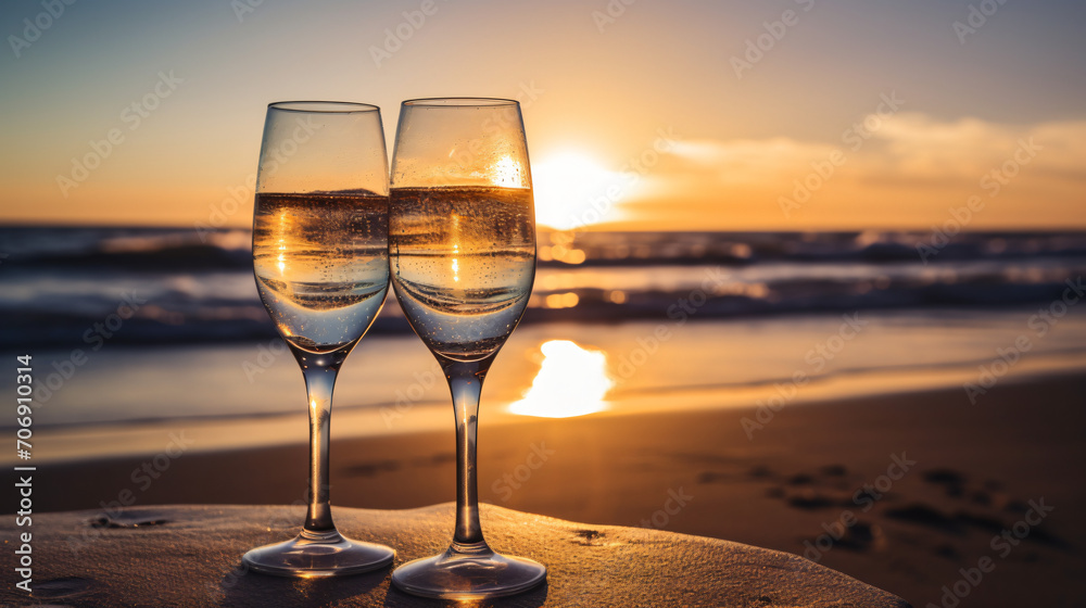 Cava or champagne glasses sparkle on ocean beach