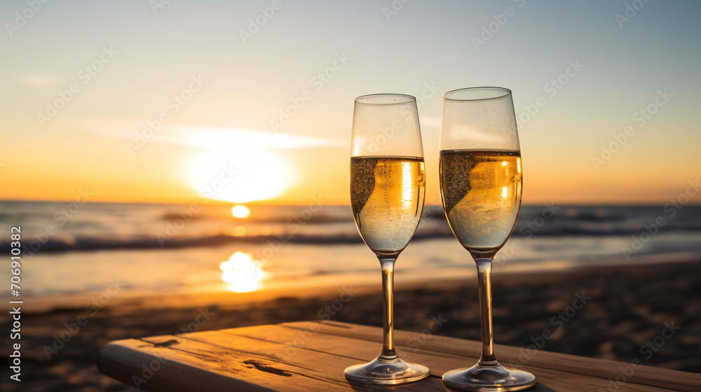 Cava or champagne glasses sparkle on ocean beach