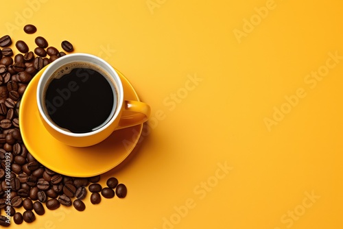 Orange cup of delicious black coffee on bright yellow background. Minimal trendy concept. Flat lay, top view with copy space