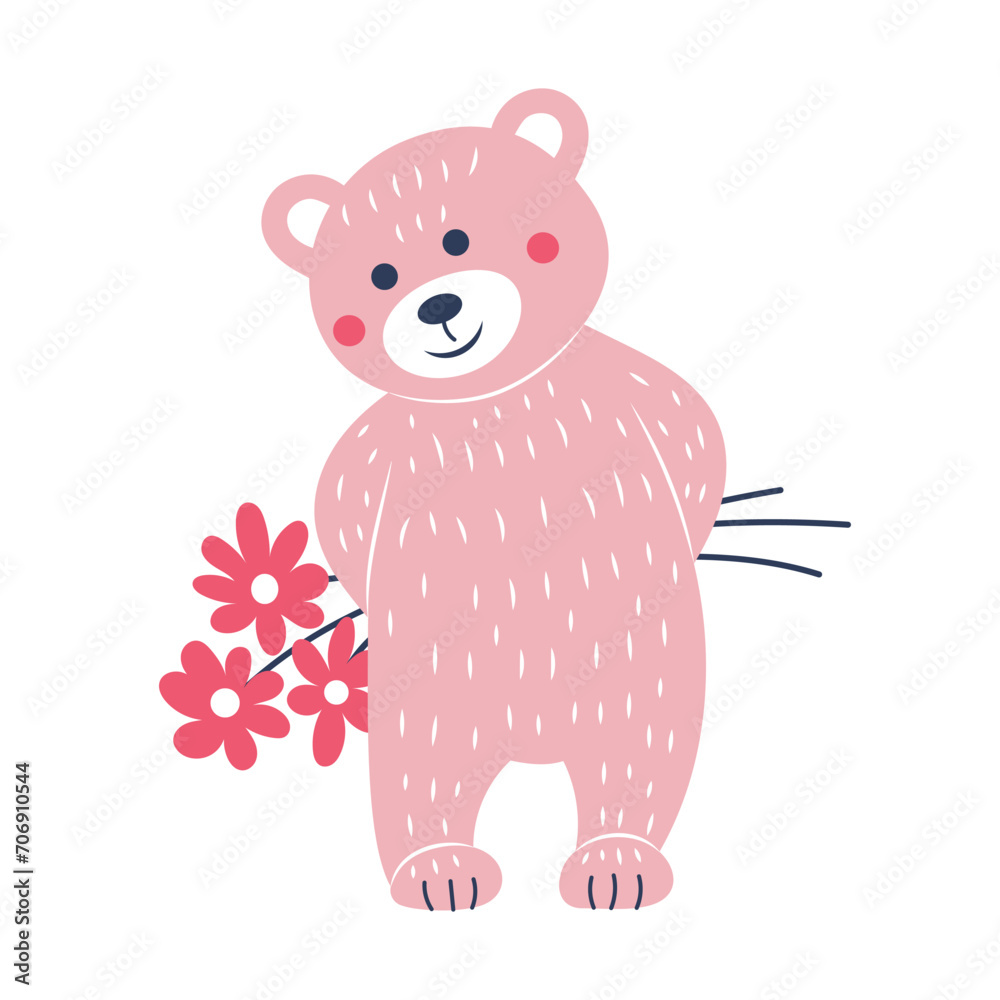 Pink teddy bear with flowers. Postcard for Valentine's Day. Flat style.