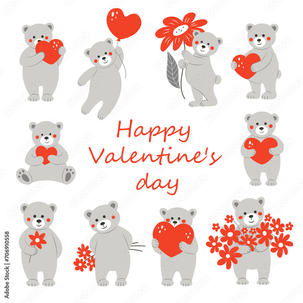 Set of teddy bears with flowers and hearts. . Cute characters for Valentine's day.