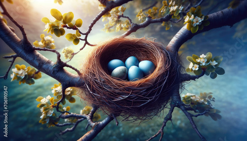 Bird's Nest with Eggs Among Blossoming Branches
 photo