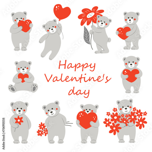 Fototapeta Naklejka Na Ścianę i Meble -  Set of teddy bears with flowers and hearts. . Cute characters for Valentine's day.