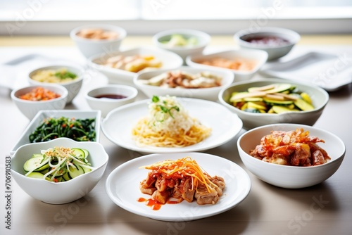 korean banchan side dishes assortment with kimchi as centerpiece