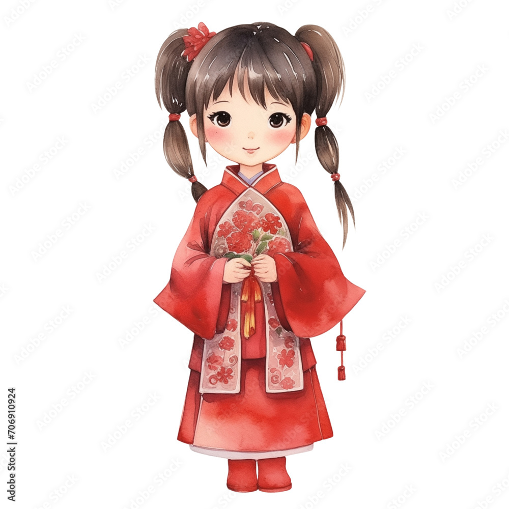 Cute Chinese Girl in Chinese Dress. Chinese New Year. Watercolor Illustration Clipart.