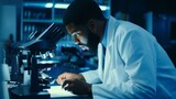 Portrait of a black male scientist looking under a microscope analyzing samples in a modern medical laboratory. Concepts of healthcare, microbiology, biotechnology.