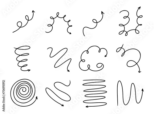 Doodle spring and spiral arrows set, hand drawn coil icons. Vector flexible lines for your design photo
