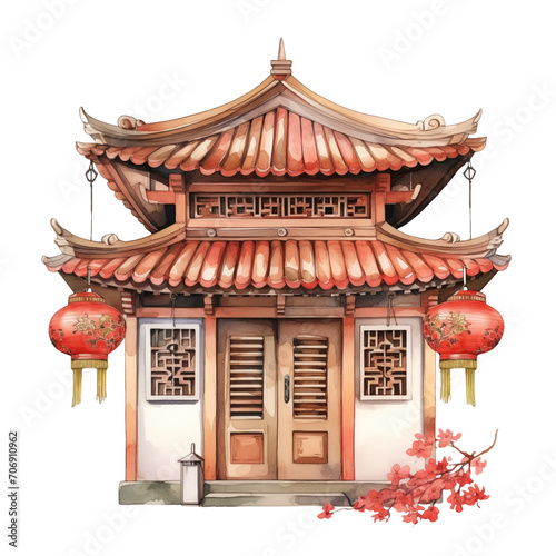 Traditional Chinese Building. Chinese New Year. Watercolor Illustration Clipart.