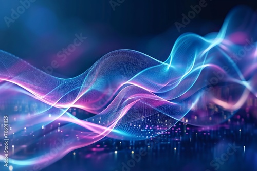 Abstract neon wallpaper with flowing dynamic wavy lines and dots over dark background. Light drawing trajectory. Fluorescent texture ribbon