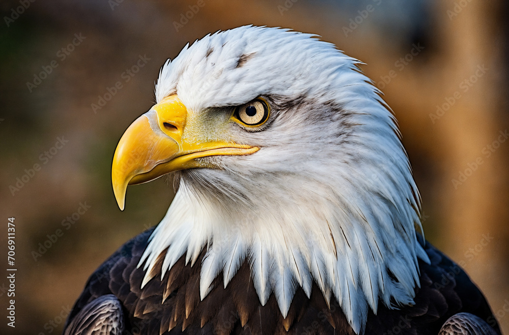 Obraz premium a bald eagle with a yellow beak and white head and yellow eyes is looking at the camera with a blurry background, generative ai