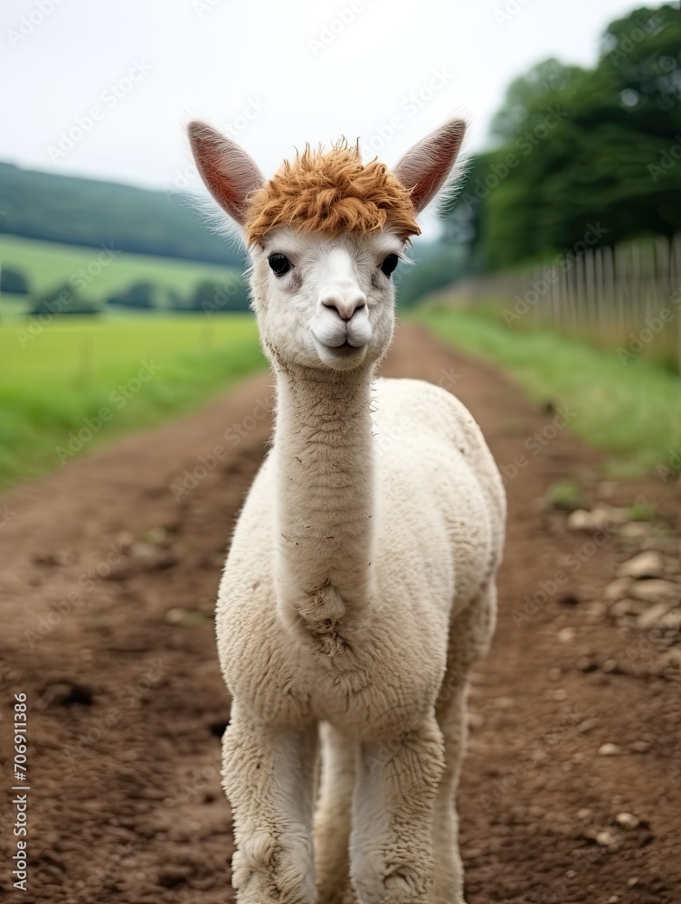 Obraz premium Nature's Cuteness: Baby Alpaca Cria Frolics amidst Farm Animals