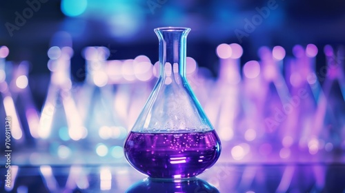 Close-up of glass flasks with purple liquid contents in a modern scientific medical laboratory. New drug development, research, pharmaceuticals, biotechnology, microbes, biology, chemistry concepts.